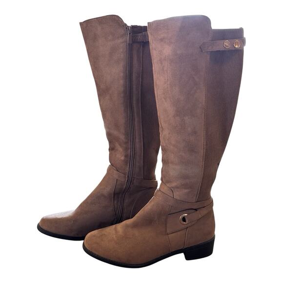 TOP Moda Shoes - Beige faux-suede knee-high riding boots featuring side zippers buckle details 9